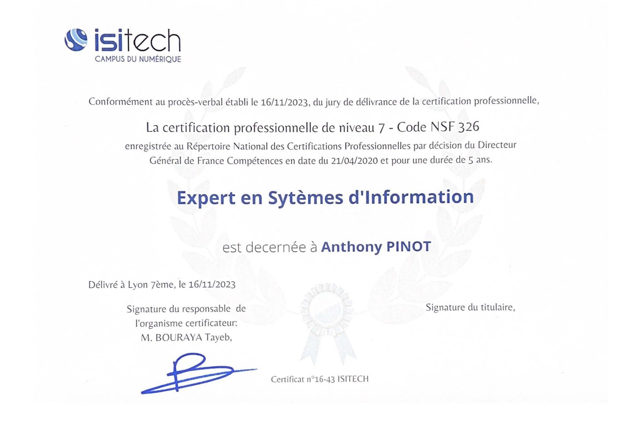 Diplôme Master Expert en Systèmes d'Information - Anthony PINOT